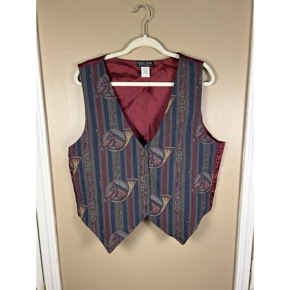 Horse Tapestry Vest 1X Western Equestrian Rodeo Southwest Vintage 90s Burgundy